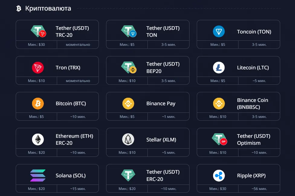 Пополнение через криптовалюты